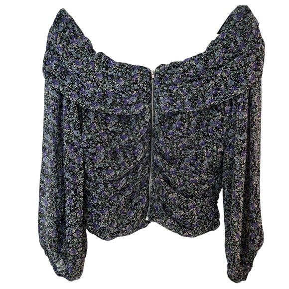 ASTR The Label Balloon Sleeve Purple Multi Floral Top XL Full Zip Back Shirred - Picture 2 of 7